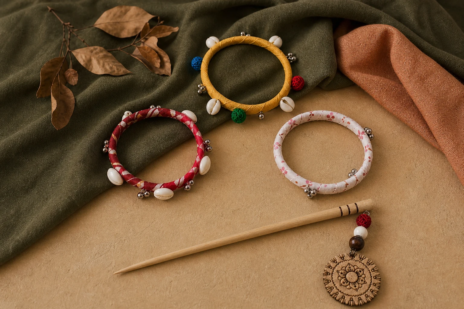 Trishma fabric-wrapped bangles and a handcrafted wooden hair stick